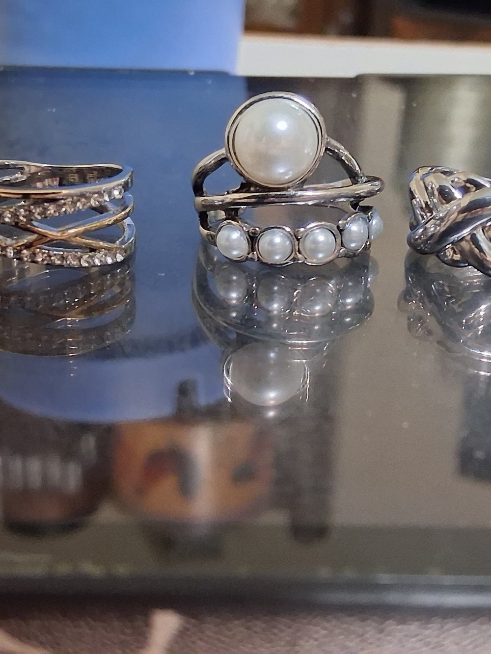 Lot of 5 Silver Tone Statement Rings Bundle Sizes 5 6 8 10 Boho Pearl